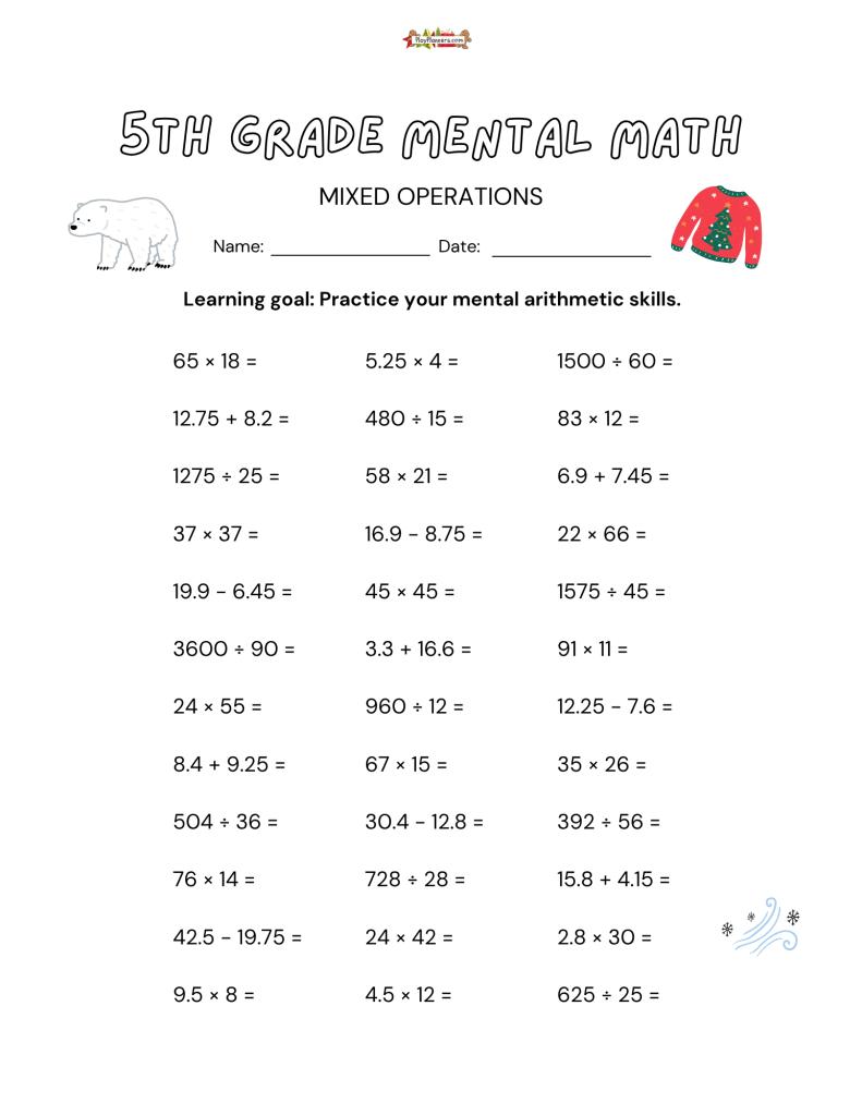 Christmas math printable for fifth graders practicing two-digit by two-digit multiplication and division with whole-number answers.