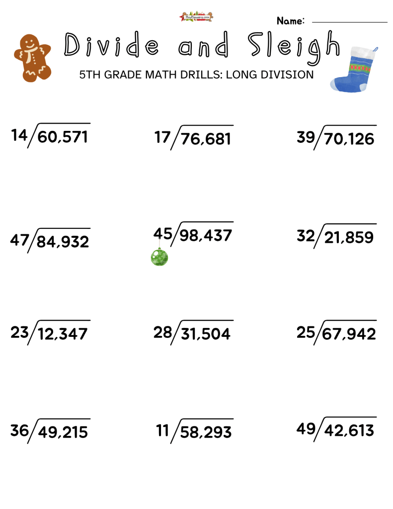 Divide and Sleigh Christmas math printable with long division problems for fifth grade classroom or homeschool practice.