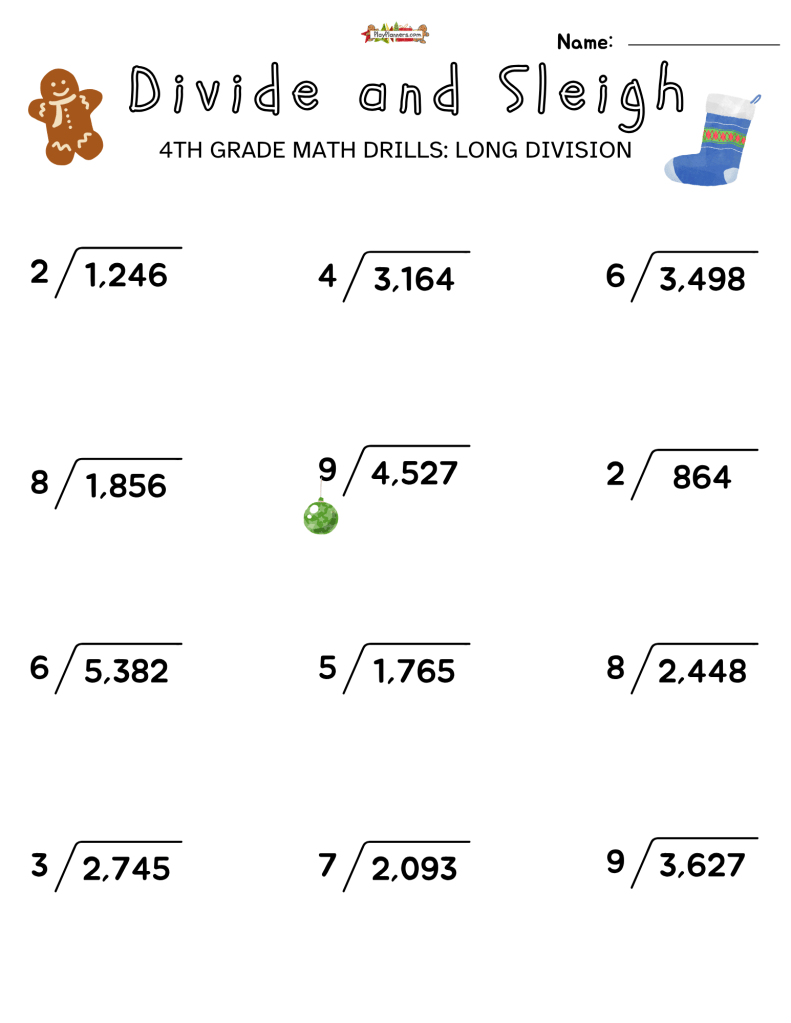 Divide and Sleigh 4th Grade free printable long division worksheets with Christmas graphics and one-digit divisors.