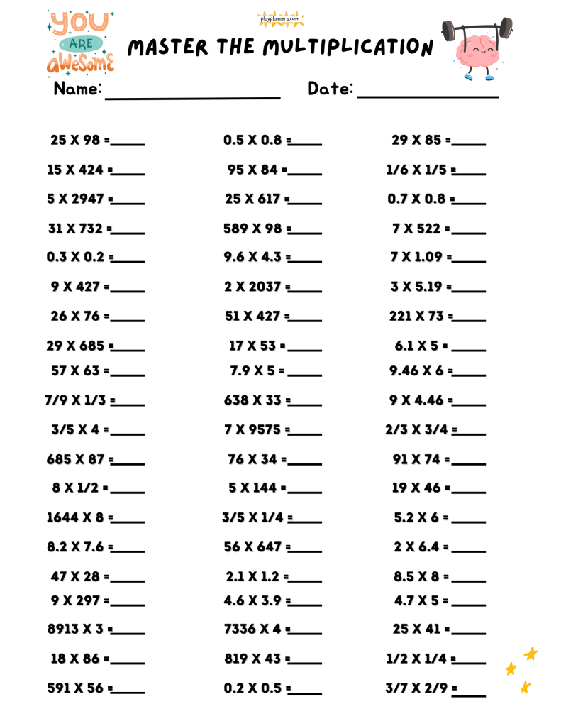 Printable multiplication worksheet for 5th graders with whole number and decimal multiplication practice