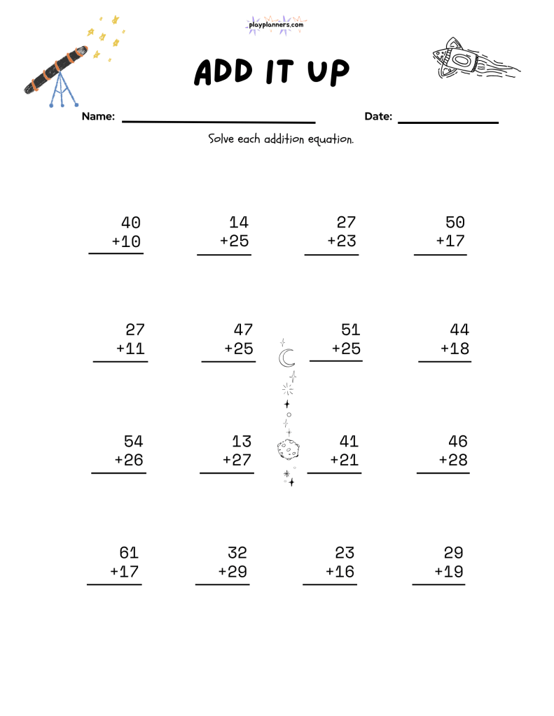 Free printable 2nd grade addition worksheet decorated with little rockets and astronauts.