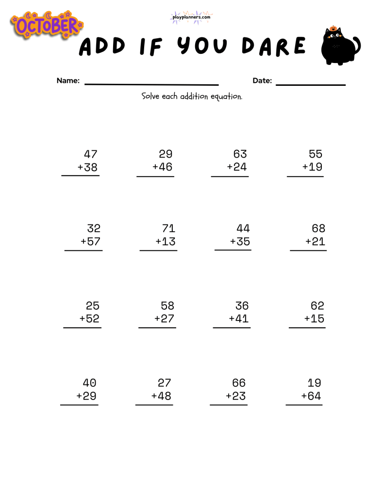 Add If You Dare Halloween addition practice sheet for second graders with two-digit vertical addition problems.