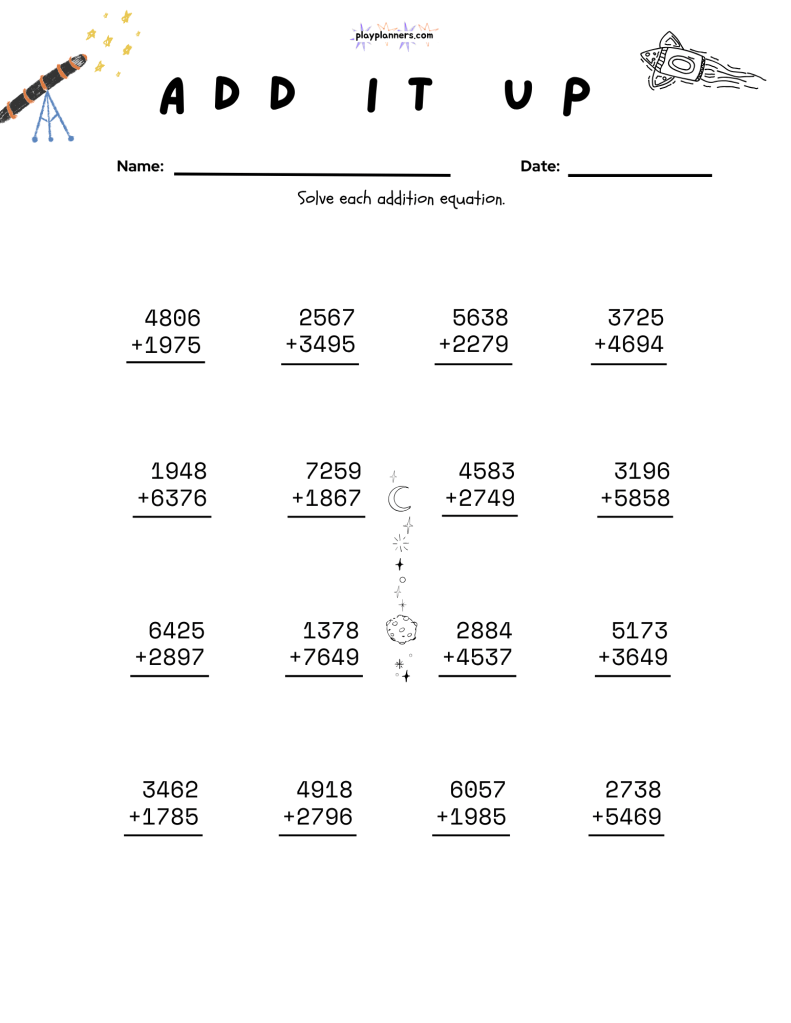 Space-themed math worksheet for grade 4 with multi-digit addition problems and a cute astronaut illustration.