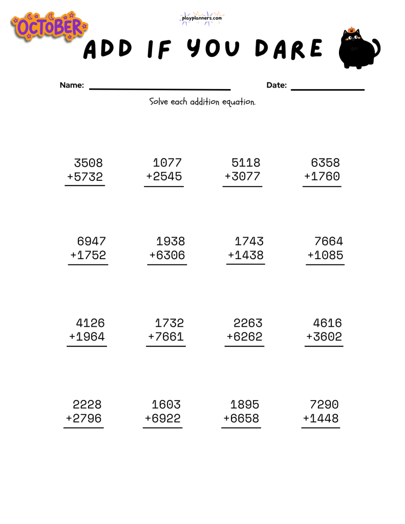 Add If You Dare Halloween math worksheet for 4th grade with vertical addition practice and cute seasonal graphics.