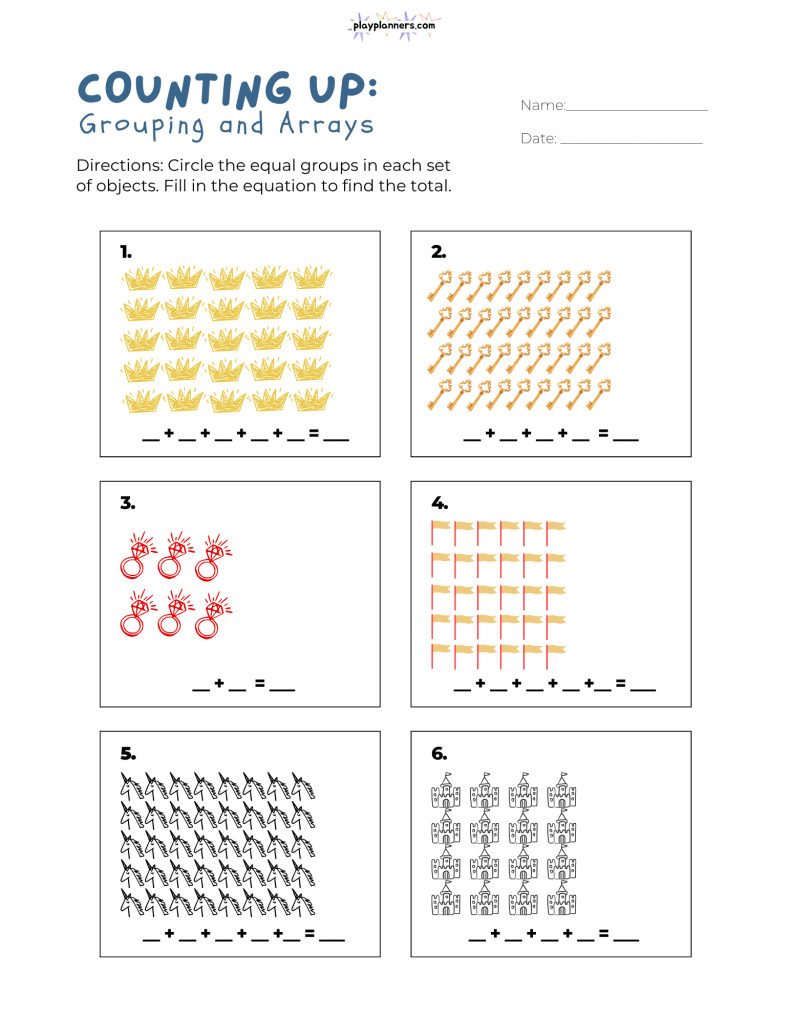 Printable 3rd grade math worksheet with kingdom-themed arrays where students circle equal groups, write repeated addition equations, and find the total.
