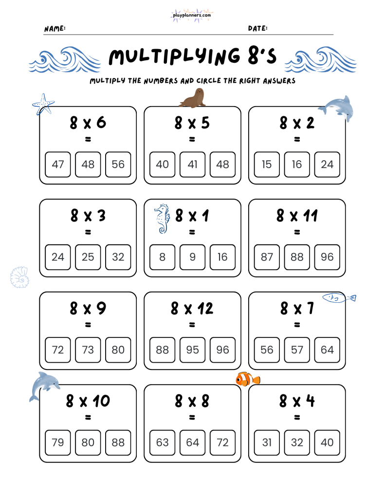Printable 8 times table worksheet with multiplication problems such as 8 times 9 and three answer choices to circle.