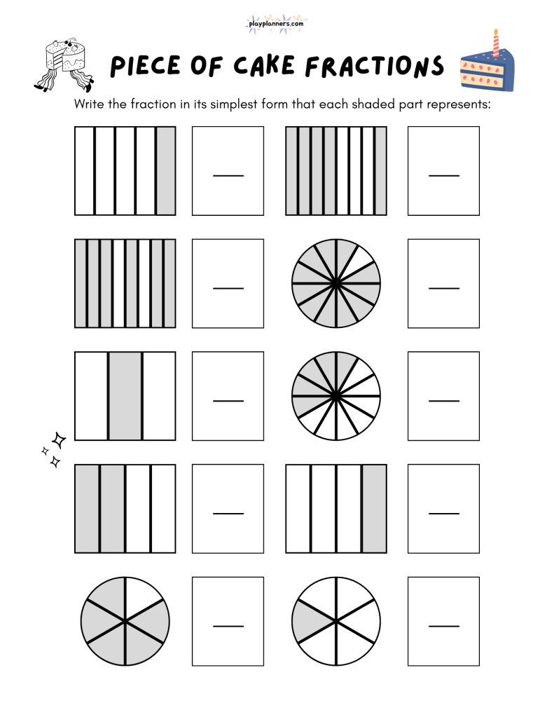 Piece of Cake Fractions worksheet for 3rd grade with 10 visual fraction problems and cute cake slice decorations.