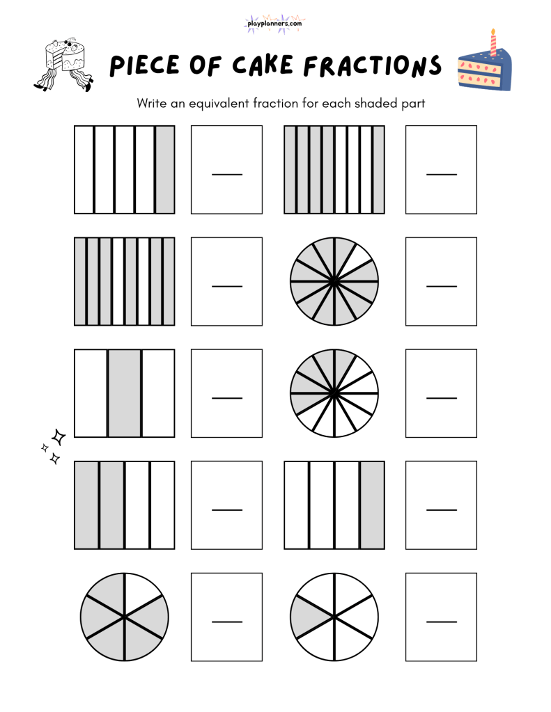 Free equivalent fraction practice worksheet for fourth graders with shaded shapes and spaces to write answers.
