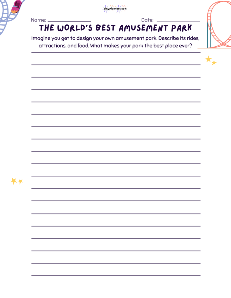 The World's Best Amusement Park: Fourth grade creative writing worksheet with an amusement park theme and a prompt about designing the ultimate theme park, with 18 lines for students to describe their ideas.