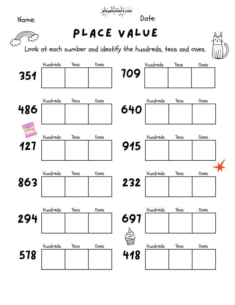 Cat-themed place value worksheet for 3rd grade students practicing the hundreds, tens, and ones places in three-digit numbers.