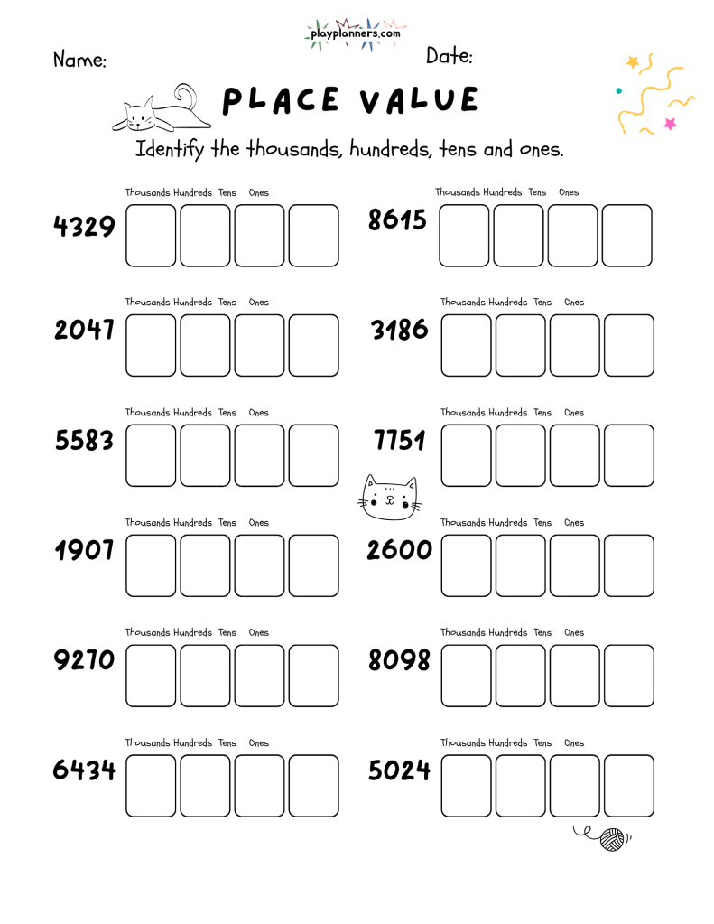 Printable fourth grade place value practice with 12 four-digit numbers and spaces to write each digit's place.