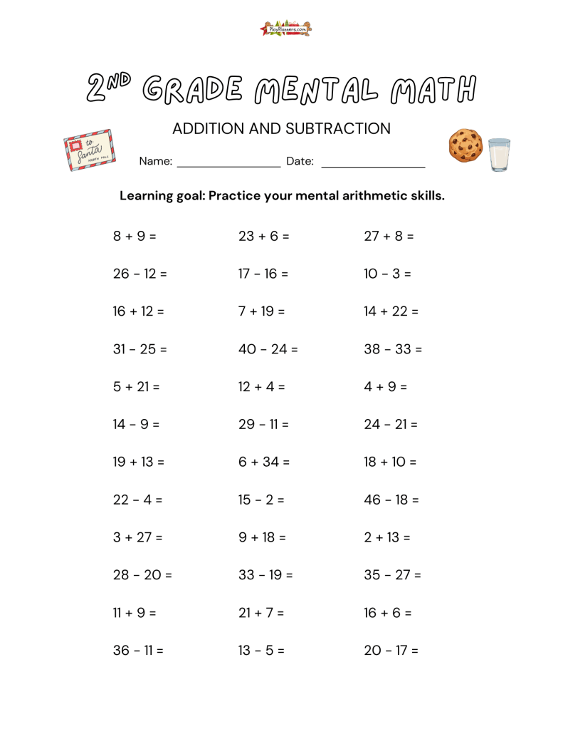 Free Christmas addition and subtraction worksheet for 2nd grade students with three columns of mental math problems.