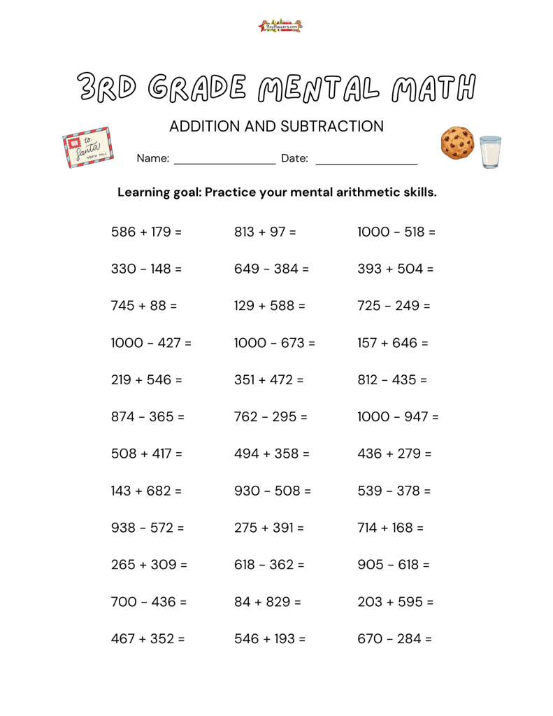 Free Christmas mental math worksheet for 3rd grade with 36 addition and subtraction problems using numbers mostly within 1,000.