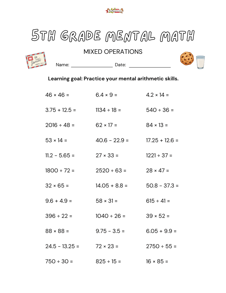 Free 5th grade math worksheet with 36 mental math problems and festive Christmas decorations.