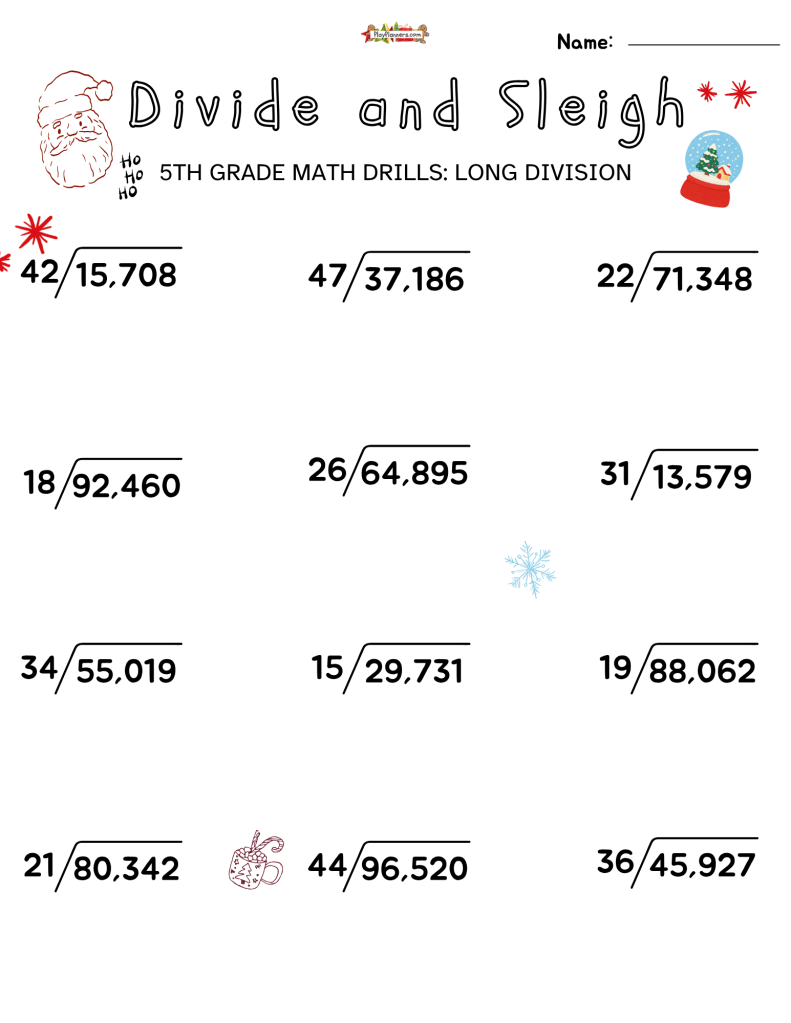 Fifth grade long division PDF worksheet featuring two-digit divisors and five-digit dividends for holiday math review.
