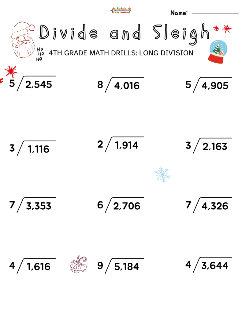 Divide and Sleigh 4th Grade free printable long division worksheets with Christmas graphics and one-digit divisors.