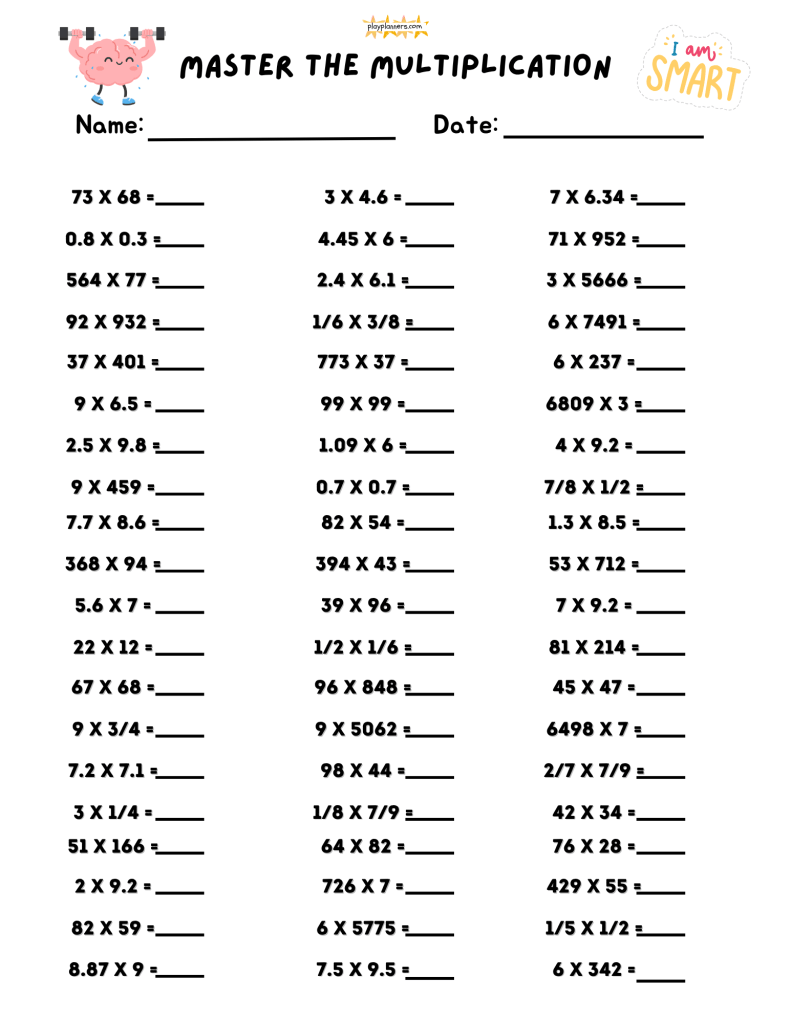 5th grade math worksheet featuring mixed two-digit, three-digit, and four-digit multiplication problems
