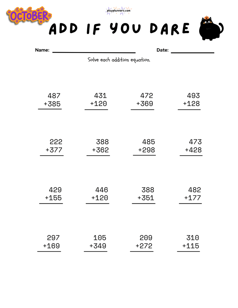 Printable Halloween addition worksheet for third graders decorated with cute costumed dogs and stacked math problems.