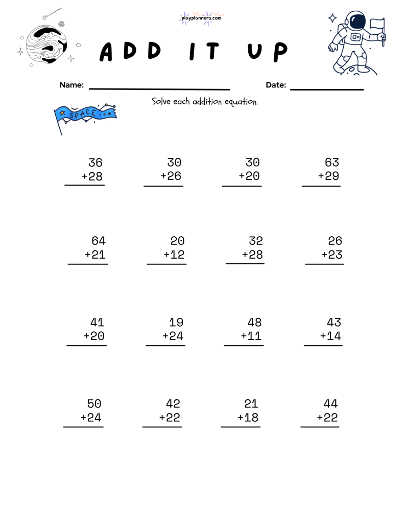 Printable second grade math worksheet featuring vertical addition problems and cute space-themed illustrations.