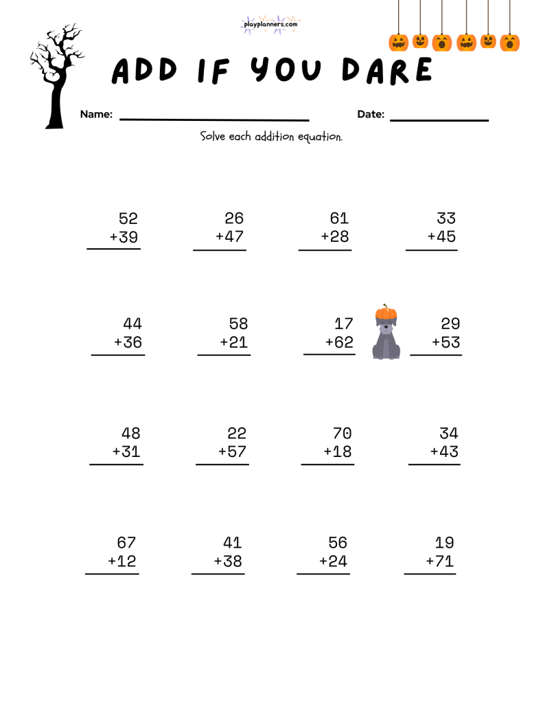 Printable 2nd grade Halloween math worksheet featuring stacked addition equations and spooky seasonal decorations.