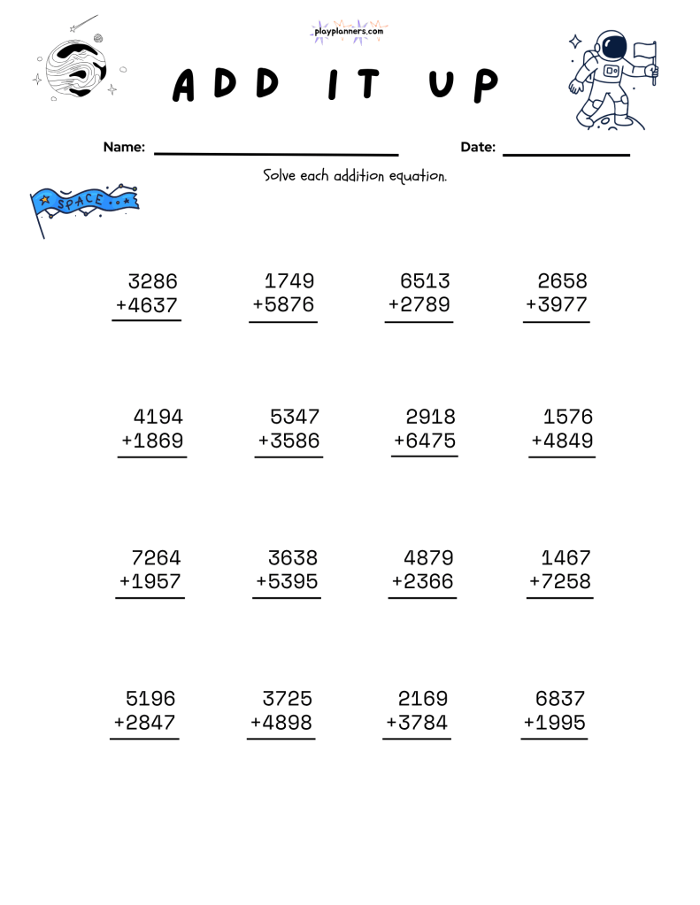 Printable fourth grade addition worksheet featuring four-digit stacked addition equations and space-themed graphics.