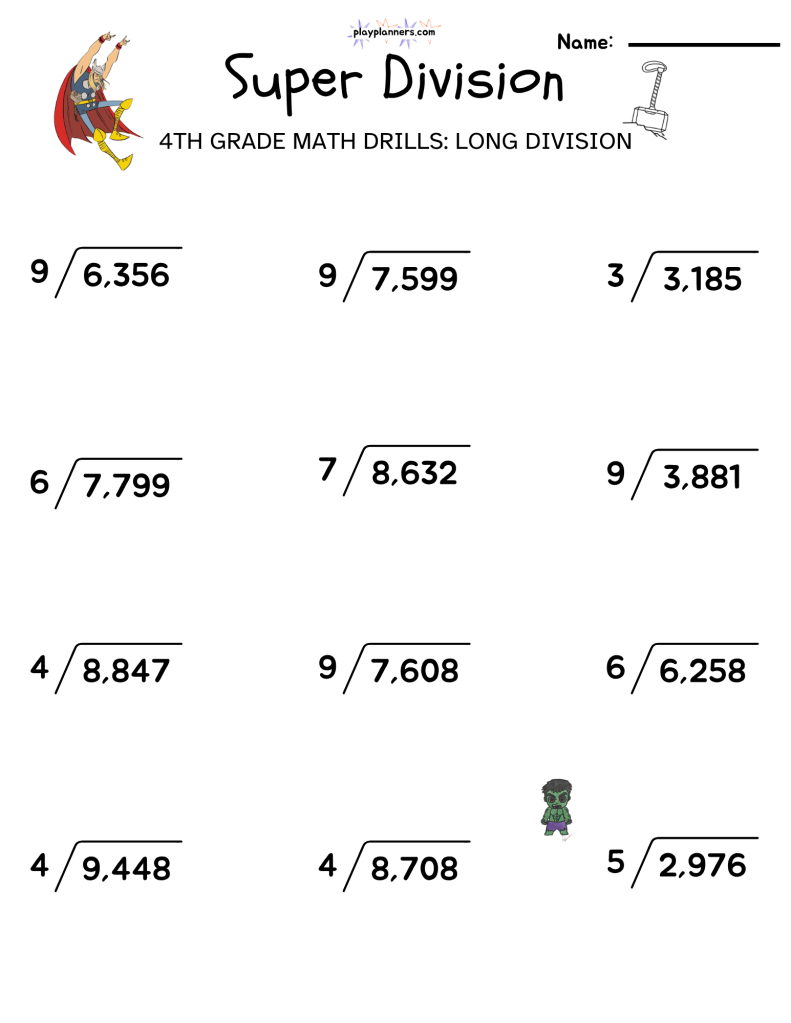 Super Division printable fourth grade math worksheet featuring 12 long division problems with four-digit numbers divided by one-digit numbers.
