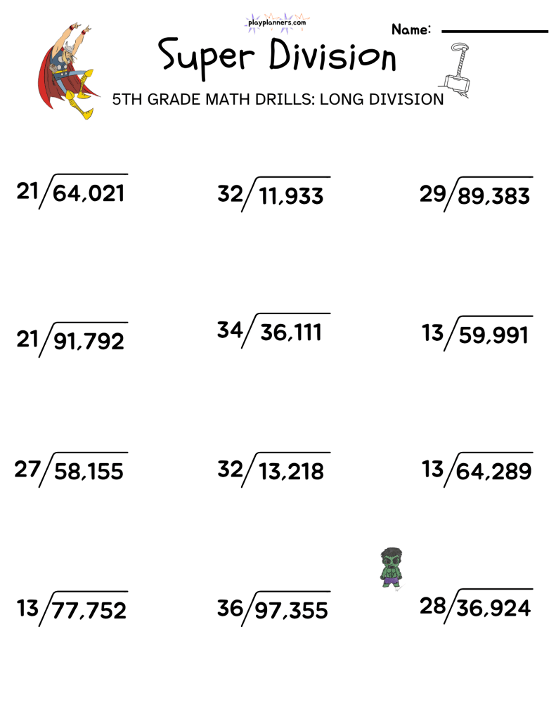 Printable fifth grade division worksheet featuring 12 long division problems with four-digit numbers and single-digit divisors.