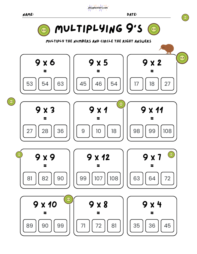 Free 9 times table multiplication worksheet with 12 problems and three possible answers for each equation.