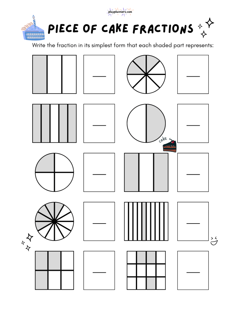 Printable third grade fraction practice worksheet featuring shapes with shaded parts and answer boxes for writing fractions.