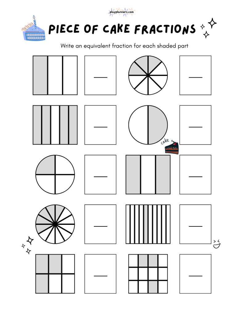 Printable 4th grade math worksheet featuring shaded fraction models for identifying and writing equivalent fractions.