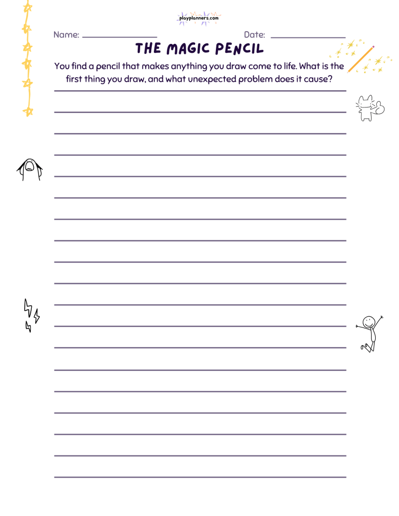 The Magic Pencil: Fourth grade creative writing worksheet featuring a magic pencil theme and a prompt about drawings coming to life, with 18 lines for imaginative storytelling.