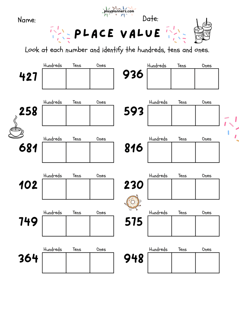 Printable third grade math worksheet featuring three-digit place value practice with hundreds, tens, and ones and cute cat illustrations.