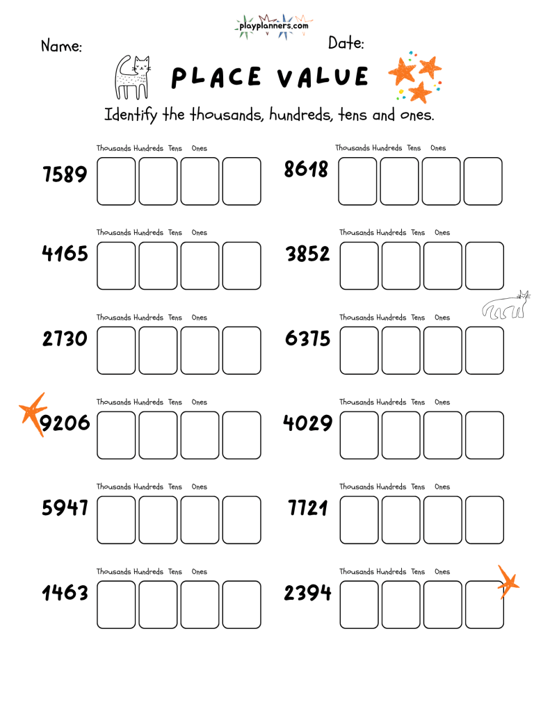 Fourth grade place value worksheet with 12 four-digit numbers and boxes for identifying thousands, hundreds, tens, and ones.
