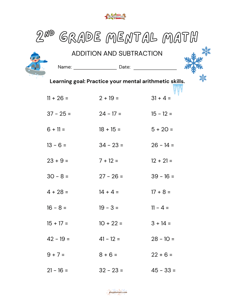 Printable second grade Christmas math worksheet featuring 36 mental arithmetic problems with a Christmas tree and star.