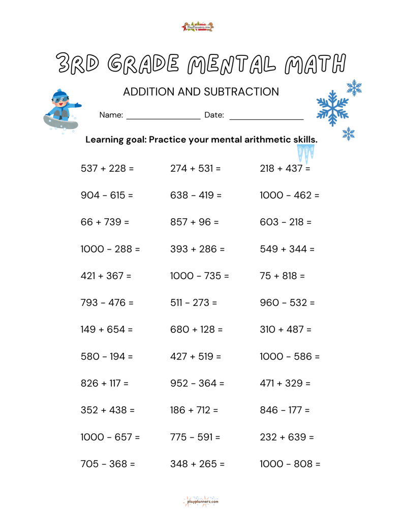 Printable third grade Christmas math worksheet featuring three-digit addition and subtraction problems with regrouping practice.
