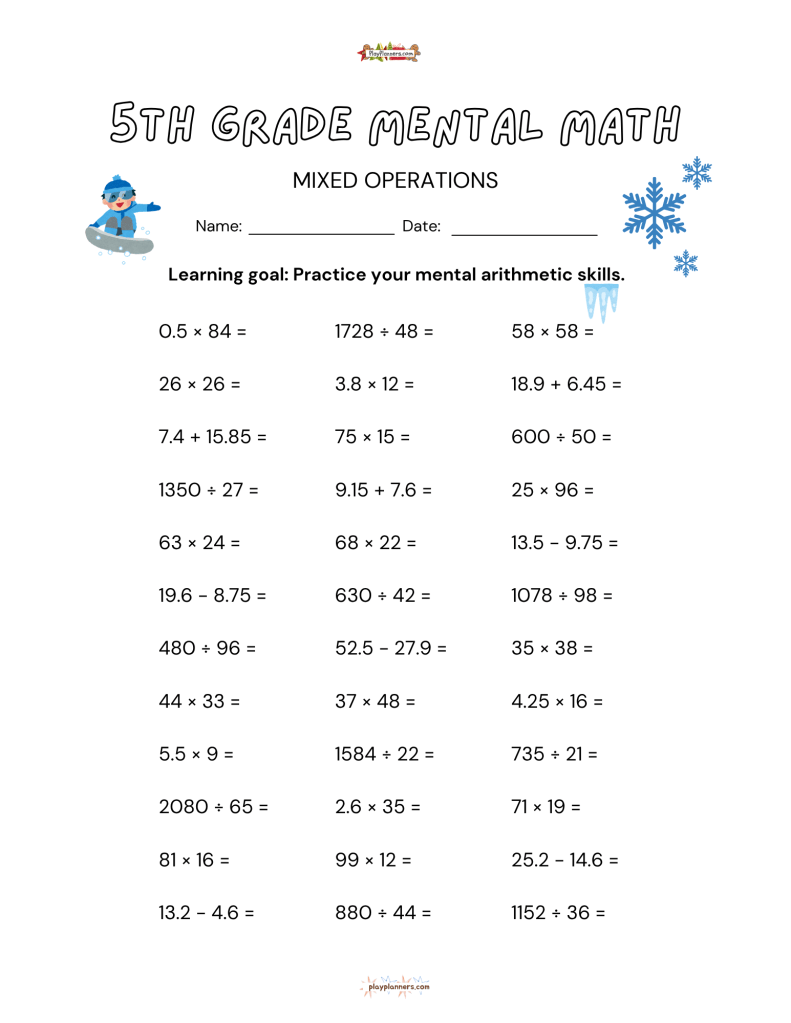 Printable fifth grade Christmas math worksheet featuring multiplication, division, and decimal operations to the hundredths place.