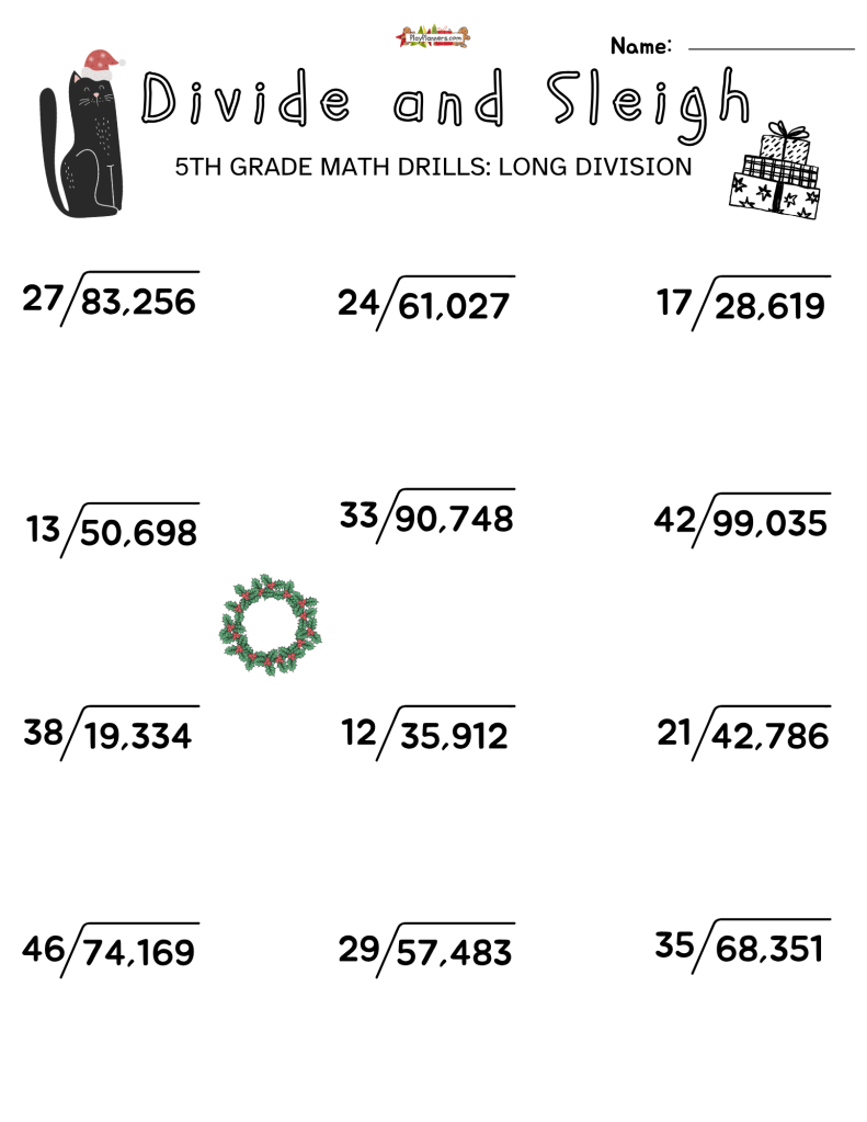 Free Christmas long division worksheet for 5th grade with 12 division problems and festive seasonal illustrations.