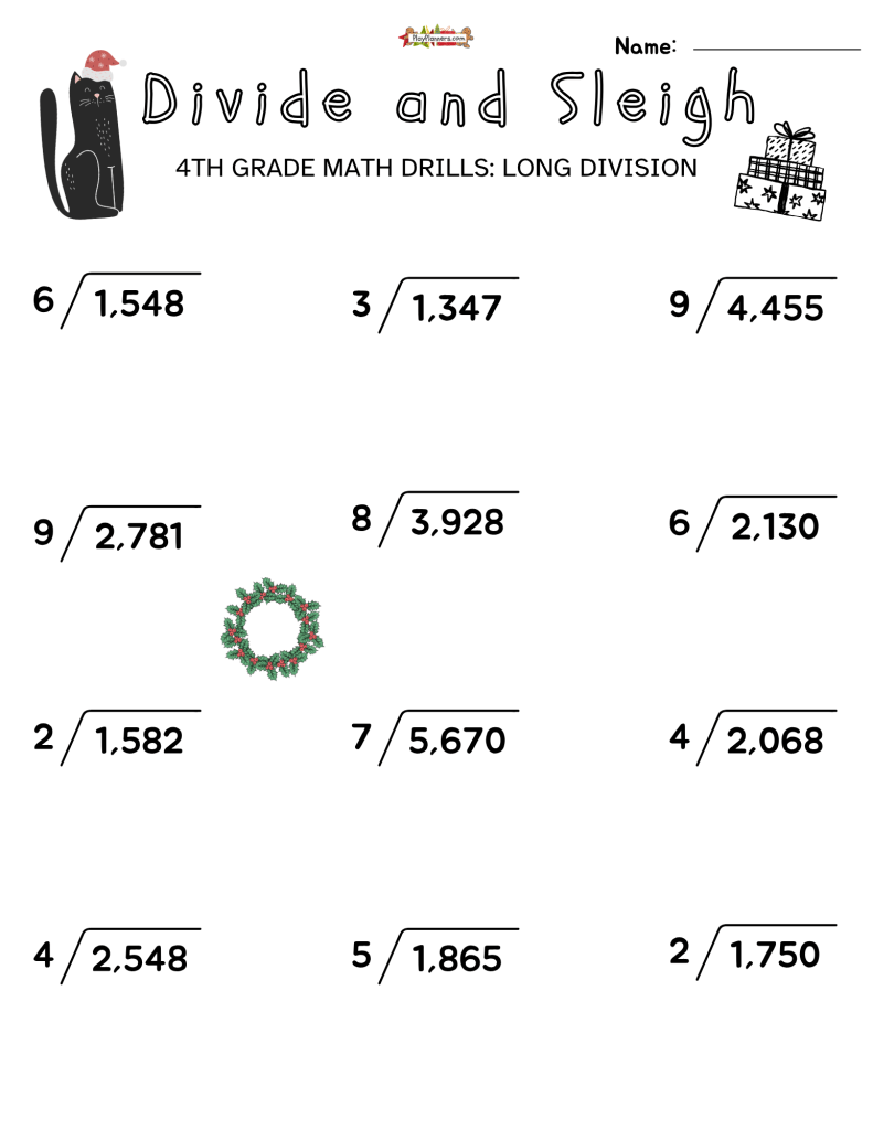 Divide and Sleigh 4th Grade free printable long division worksheets with Christmas graphics and one-digit divisors.