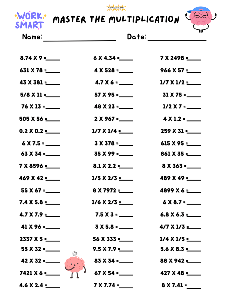 Free printable 5th grade multiplication worksheet with 60 unique multiplication practice problems