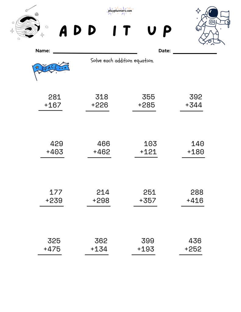 space themed free printable 3rd grade addition worksheet