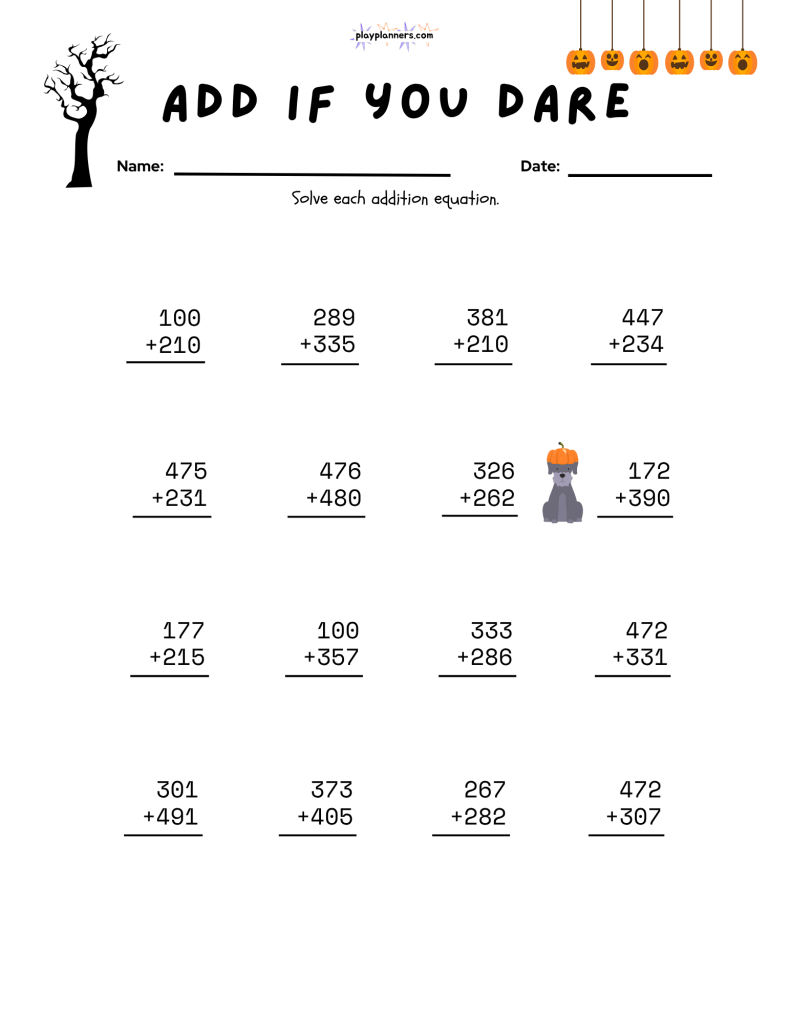 Add If You Dare third grade math worksheet with vertical addition problems and small Halloween-themed illustrations.