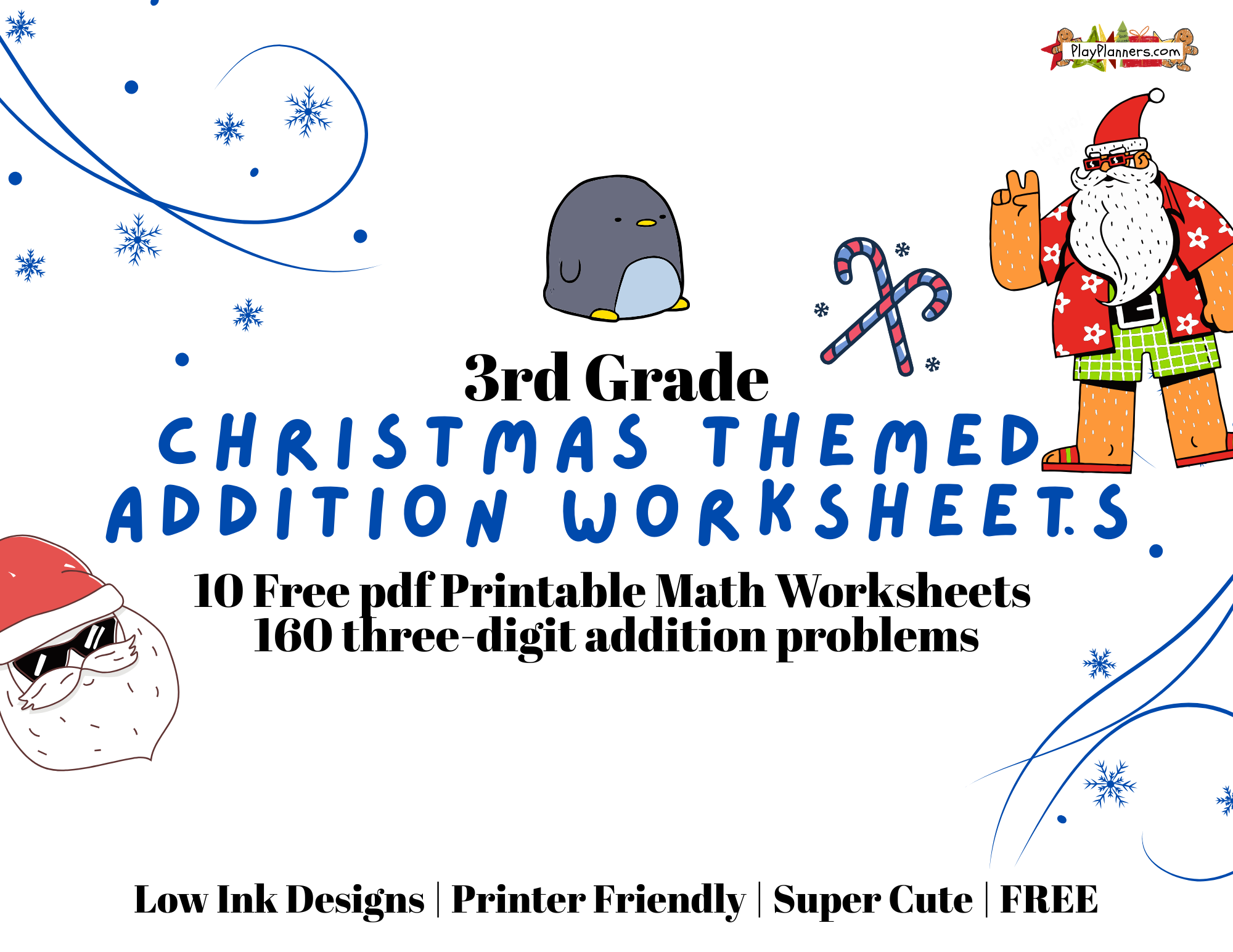 Merry Math-mas free printable 3rd grade Christmas addition worksheets cover with festive holiday graphics.