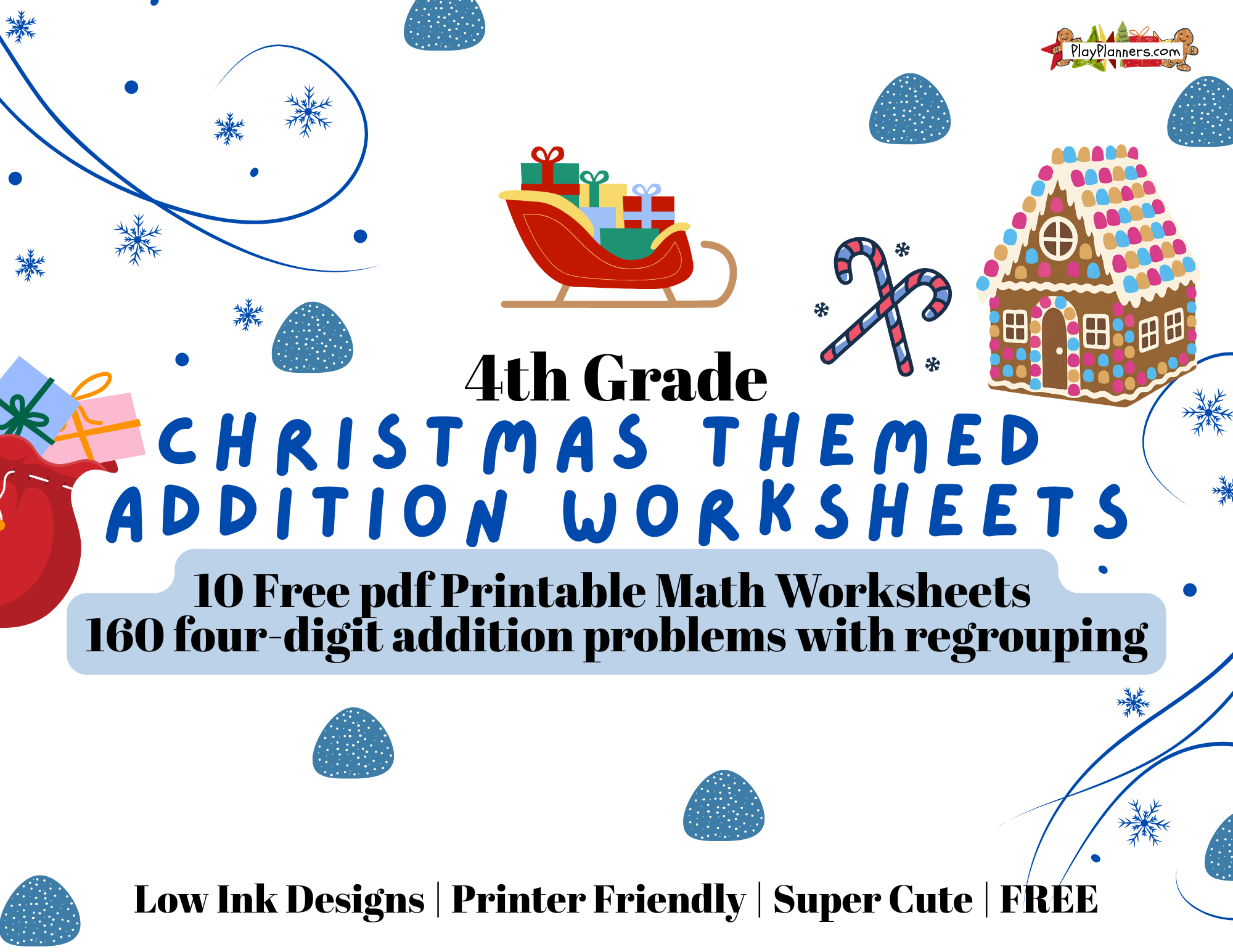 alt for cover Merry Math-mas free 4th grade Christmas addition worksheets cover featuring 4-digit addition with regrouping, printable holiday math practice for fourth grade students, and a festive Christmas theme.