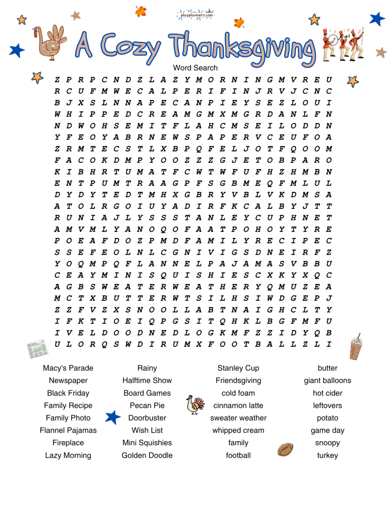 Printable Cozy Thanksgiving word search puzzle featuring 32 hidden words about Thanksgiving traditions, cozy fall days, holiday food, and seasonal activities.