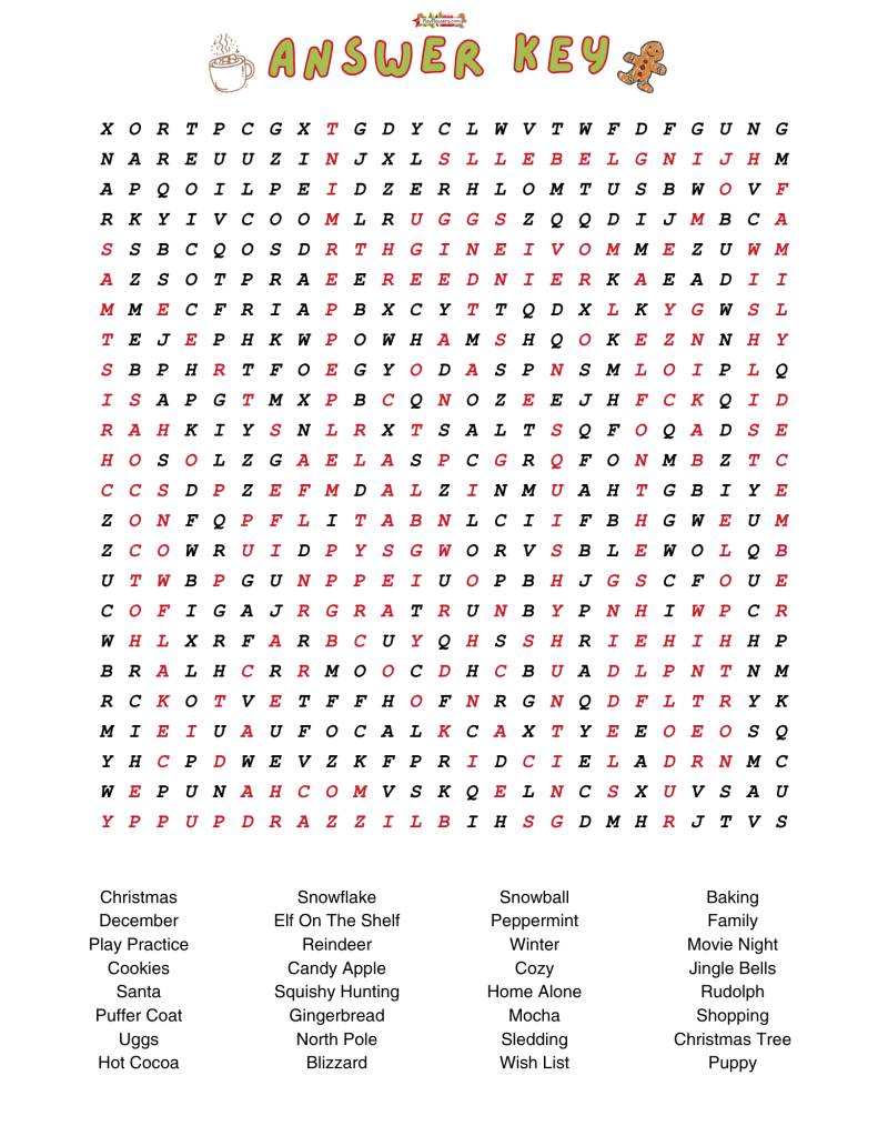 Answer key for the free printable Christmas and winter word search puzzle.