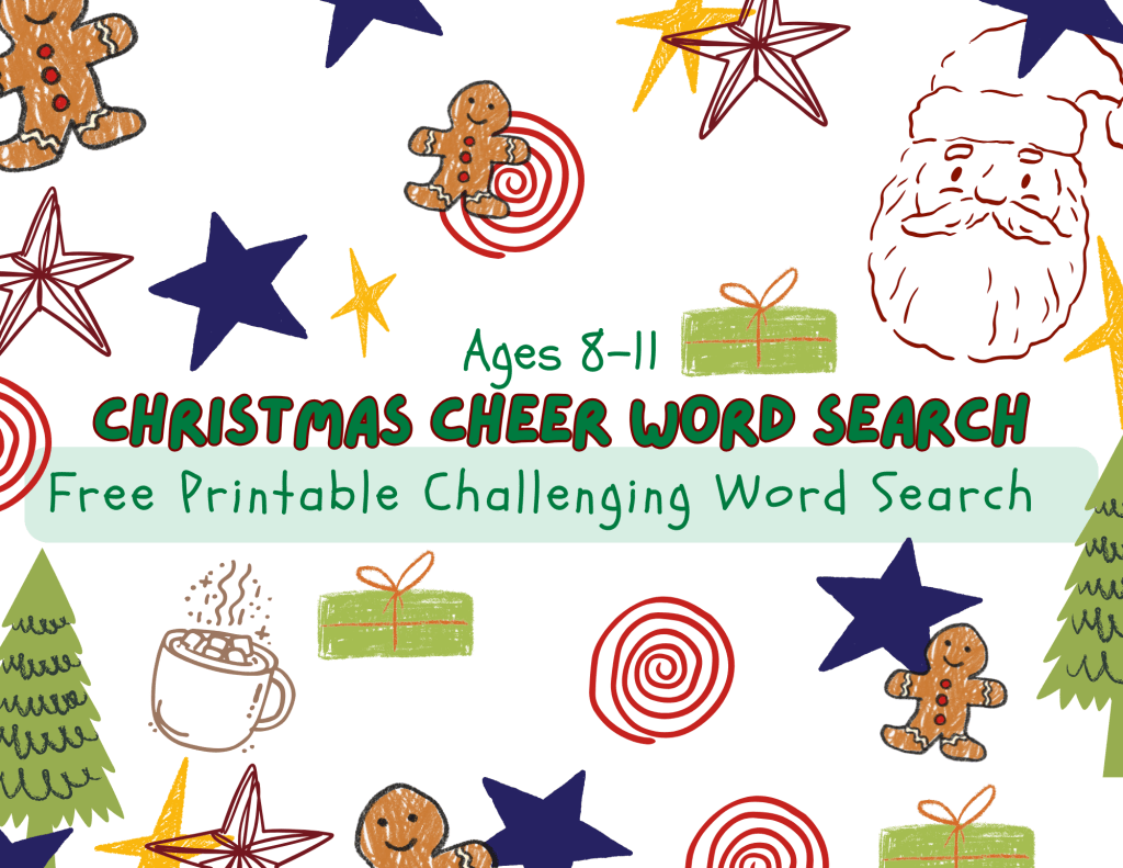 Free printable Christmas word search for kids with 32 hidden Christmas and winter words, festive holiday decorations, and an answer key.