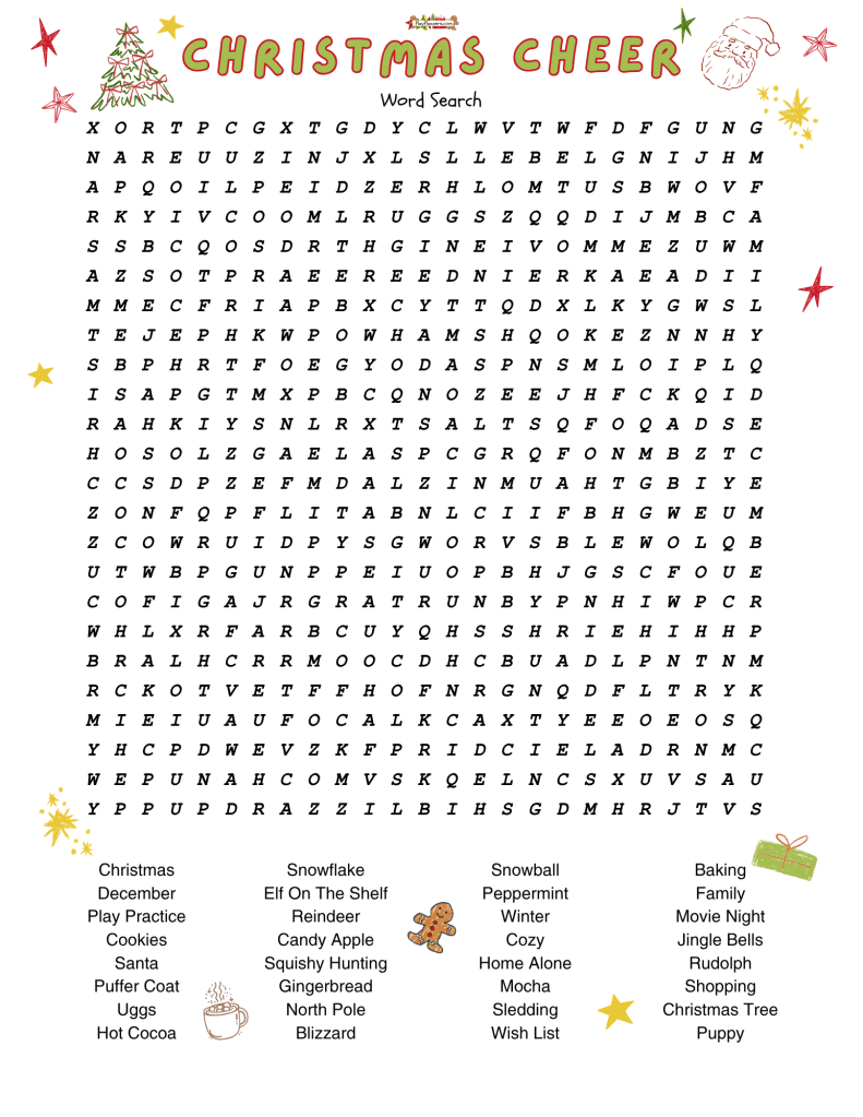 Free printable Christmas word search worksheet for kids ages 8–11 with 32 hidden Christmas and winter words.
