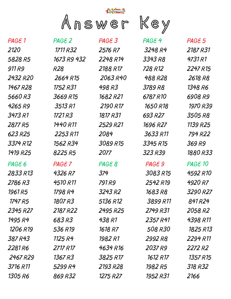 5th grade long division answer key