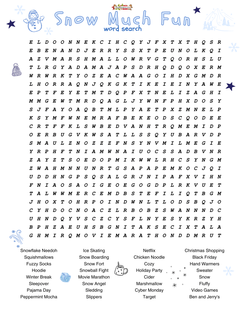Winter Word Search Puzzle: Free printable Cozy Winter word search puzzle for kids ages 8–11 featuring 32 hidden winter-themed words in a letter grid.