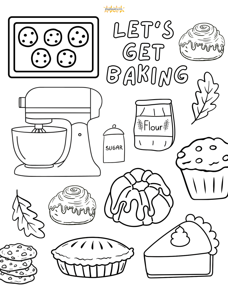 let's get baking coloring page for kids with baked goods